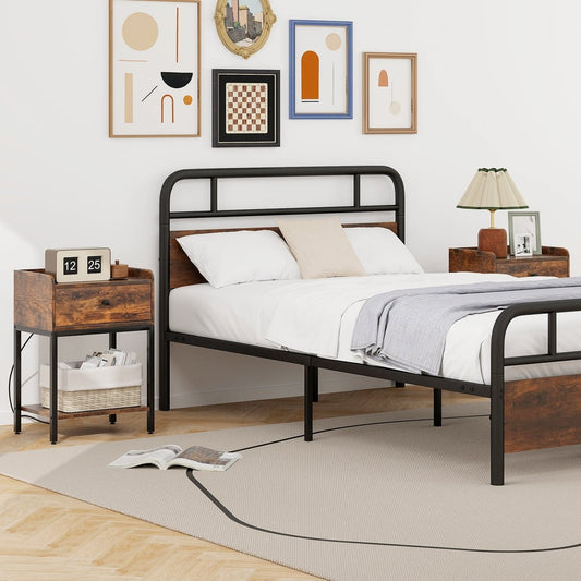 Two rustic brown nightstands with drawers and open shelves flanking a bed