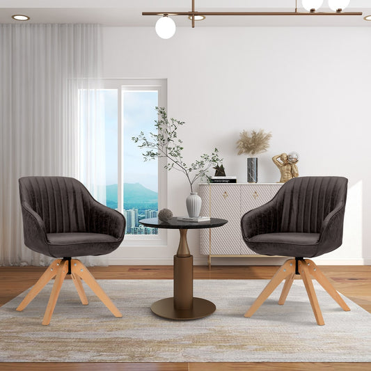 Two brown swivel accent chairs in a modern living room setting