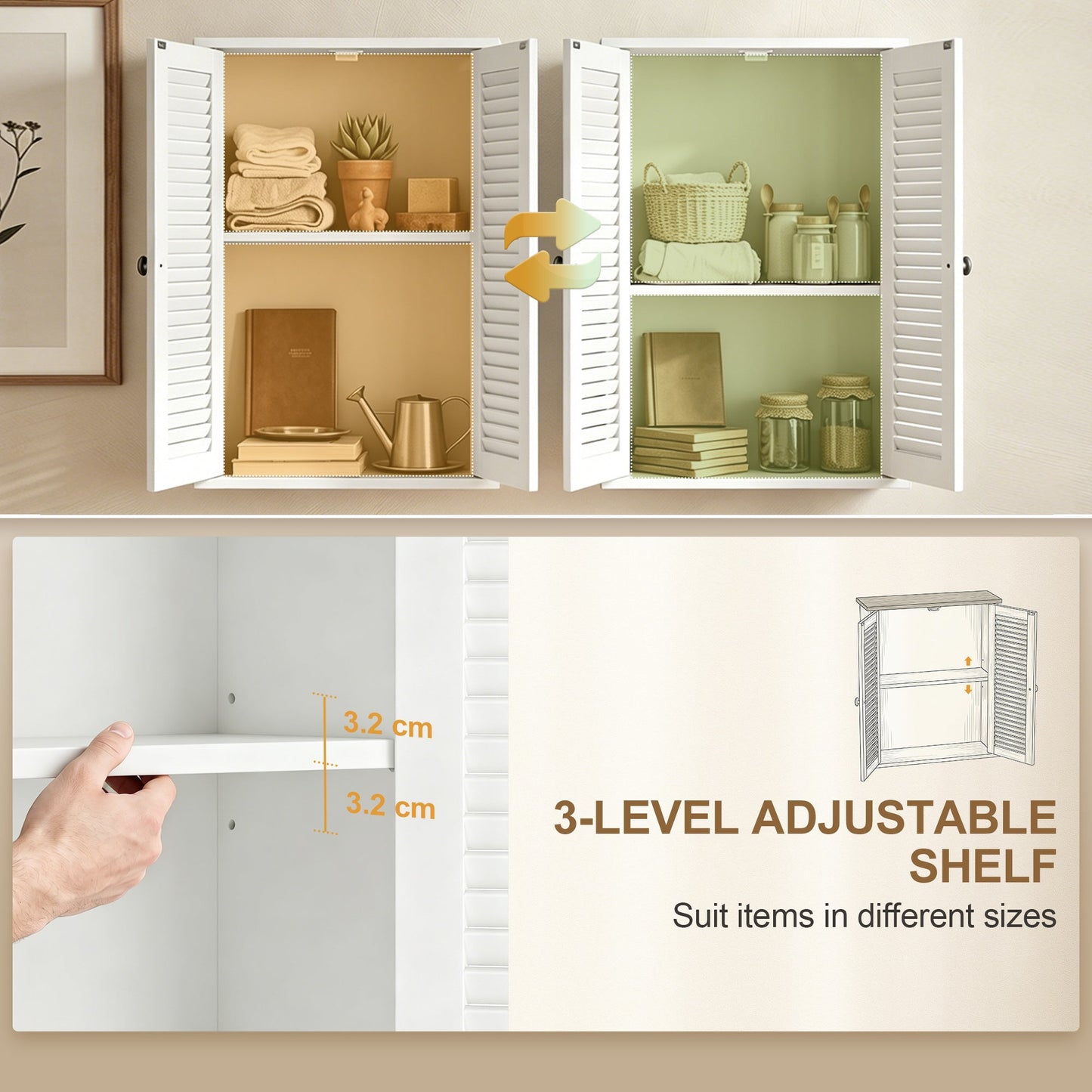 HOMCOM Bathroom Cabinet, Bathroom Wall Cabinet with Louvered Doors and Adjustable Shelf Storage for Kitchen, White