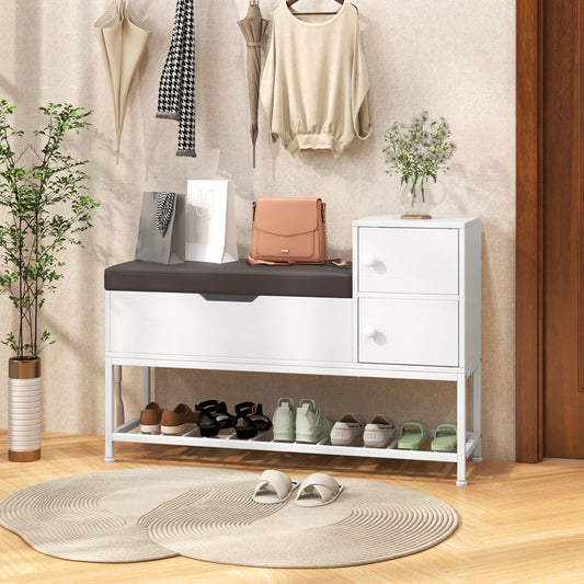 The shoe rack bench in a hallway with coats hanging above and shoes on the shelves