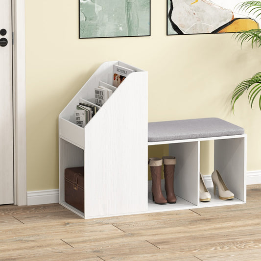 White shoe storage bench with grey cushion and side compartments, shown with books and shoes