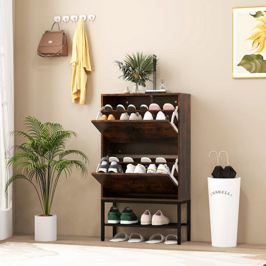 The shoe rack is shown in a hallway with its two flip drawers open, displaying shoes inside