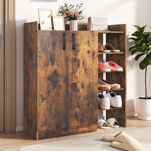 The rustic brown shoe storage organiser is shown in a hallway setting with shoes on the shelves