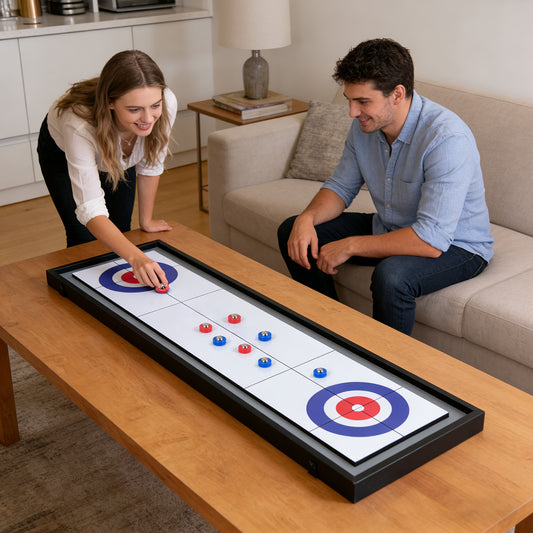 The game room set placed on a coffee table with a couple playing the curling side