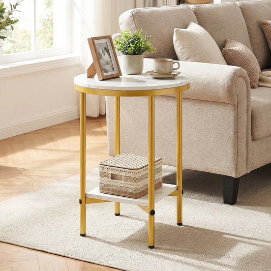 Modern round end table with faux marble top and bottom shelf in a living room setting