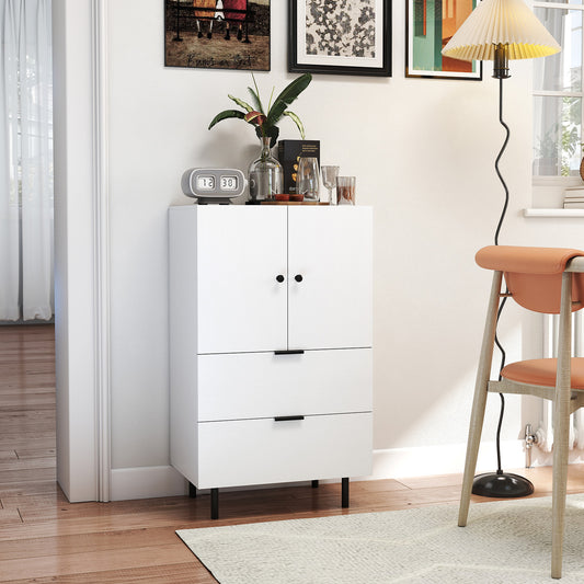 The white cabinet standing in a bright living room next to a floor lamp