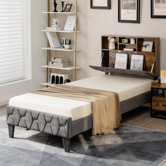 The bed frame is shown in a bedroom setting with the headboard storage open and a mattress on the frame