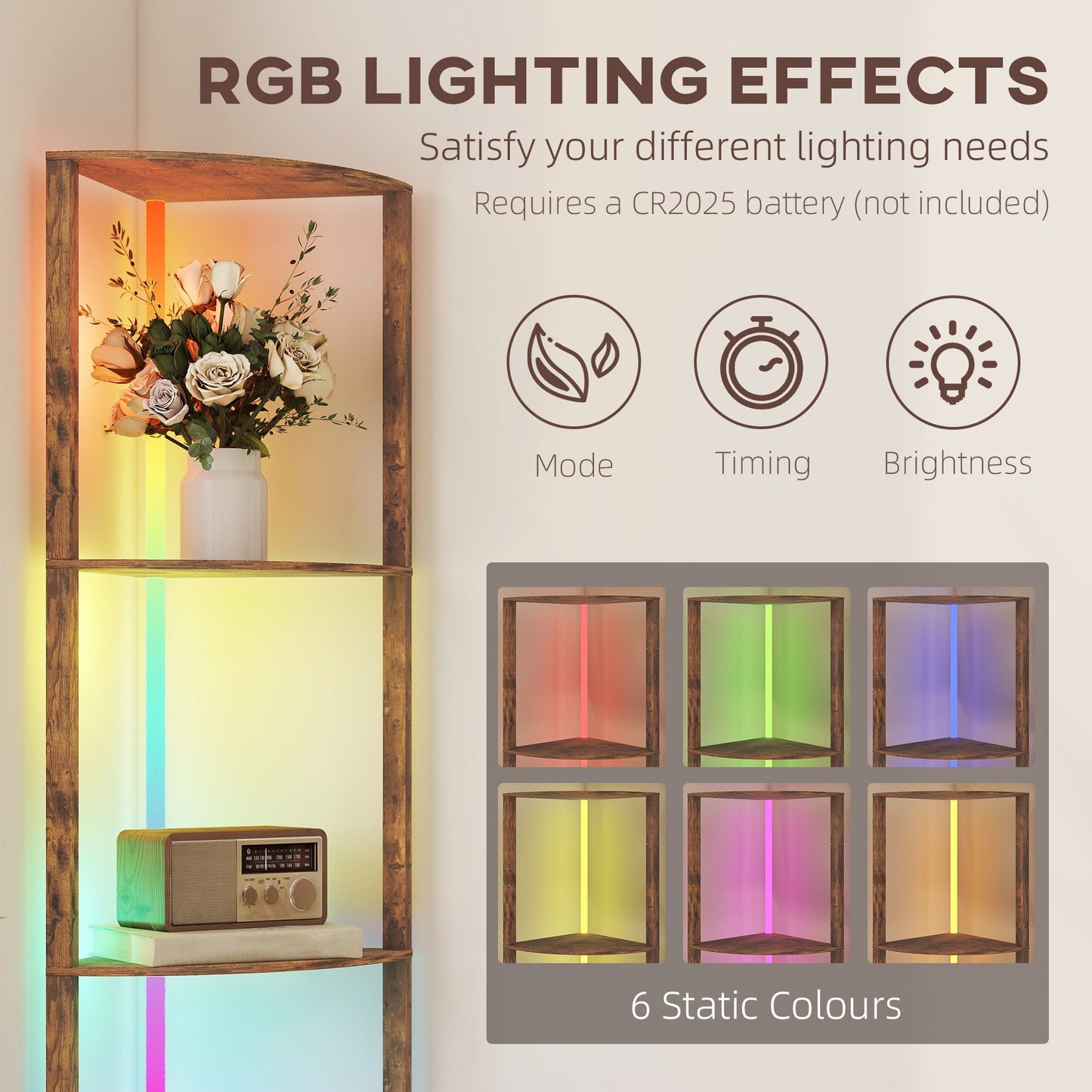 مصباح أرضي RGB من HOMCOM مع أرفف، مصباح أرضي LED من 4 طبقات مع أوضاع إضاءة متعددة، بني ريفي