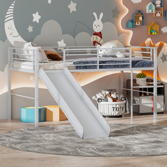 The children's loft bed with slide is set up in a nursery room