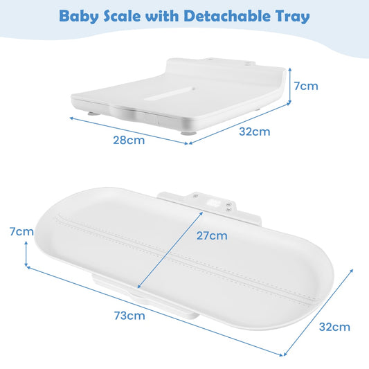 the white nursery scale shown with and without the detachable tray with dimension arrows
