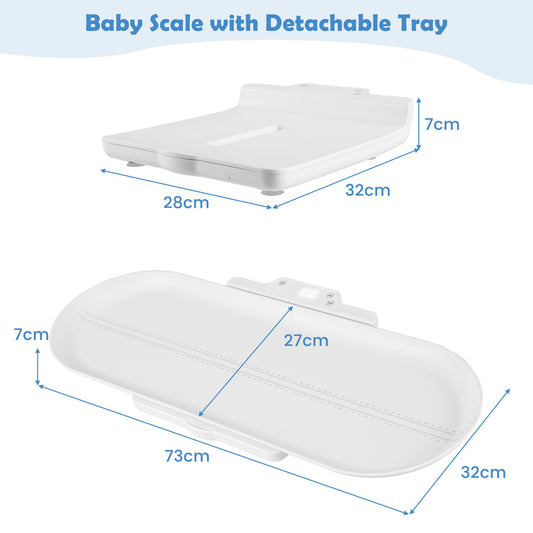 the white nursery scale shown with and without the detachable tray with dimension arrows