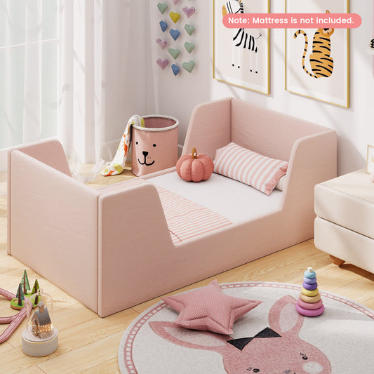 The pink children's floor bed frame with side panels and a slatted base