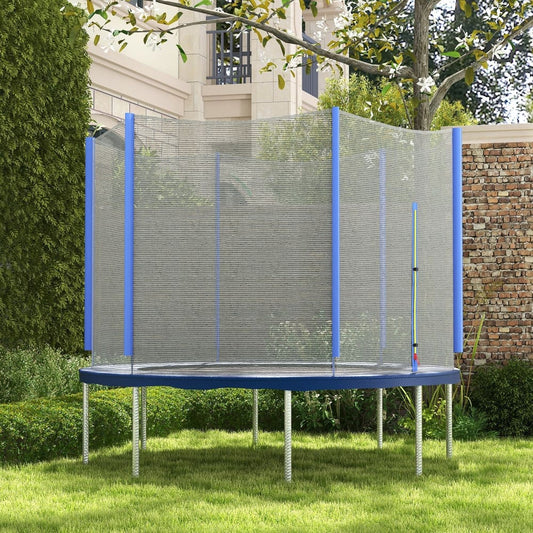 Blue trampoline safety net installed on a trampoline in a garden setting