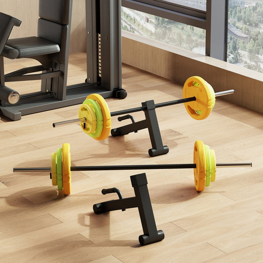Two barbell jacks in a home gym with weight plates on barbells