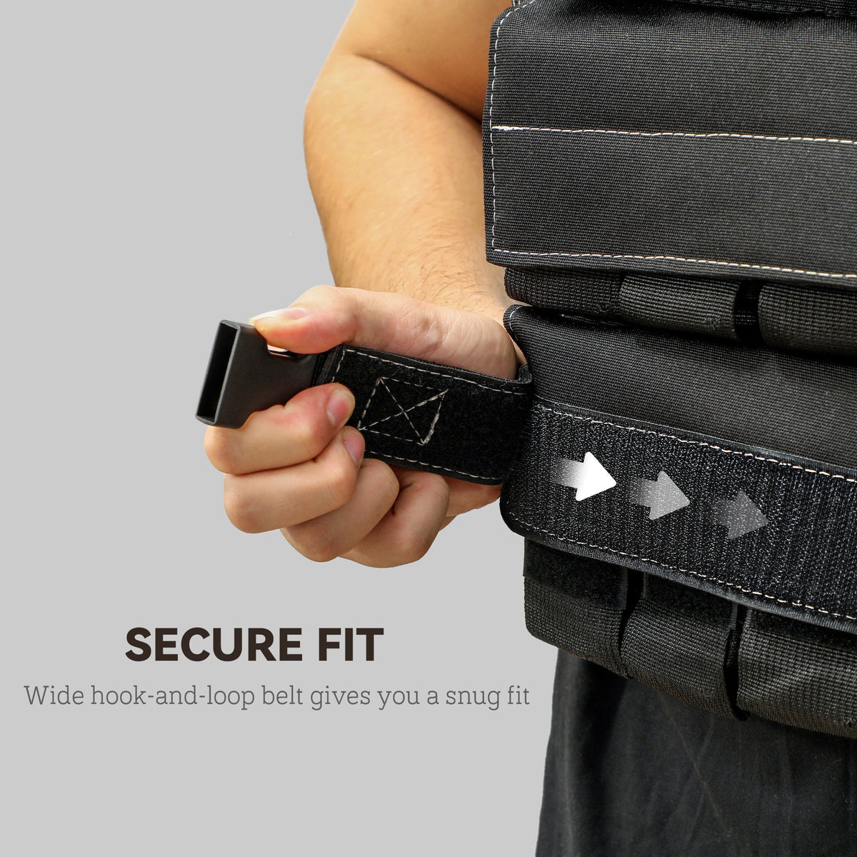 Close up of the adjustable weighted vest secure hook-and-loop belt fastening