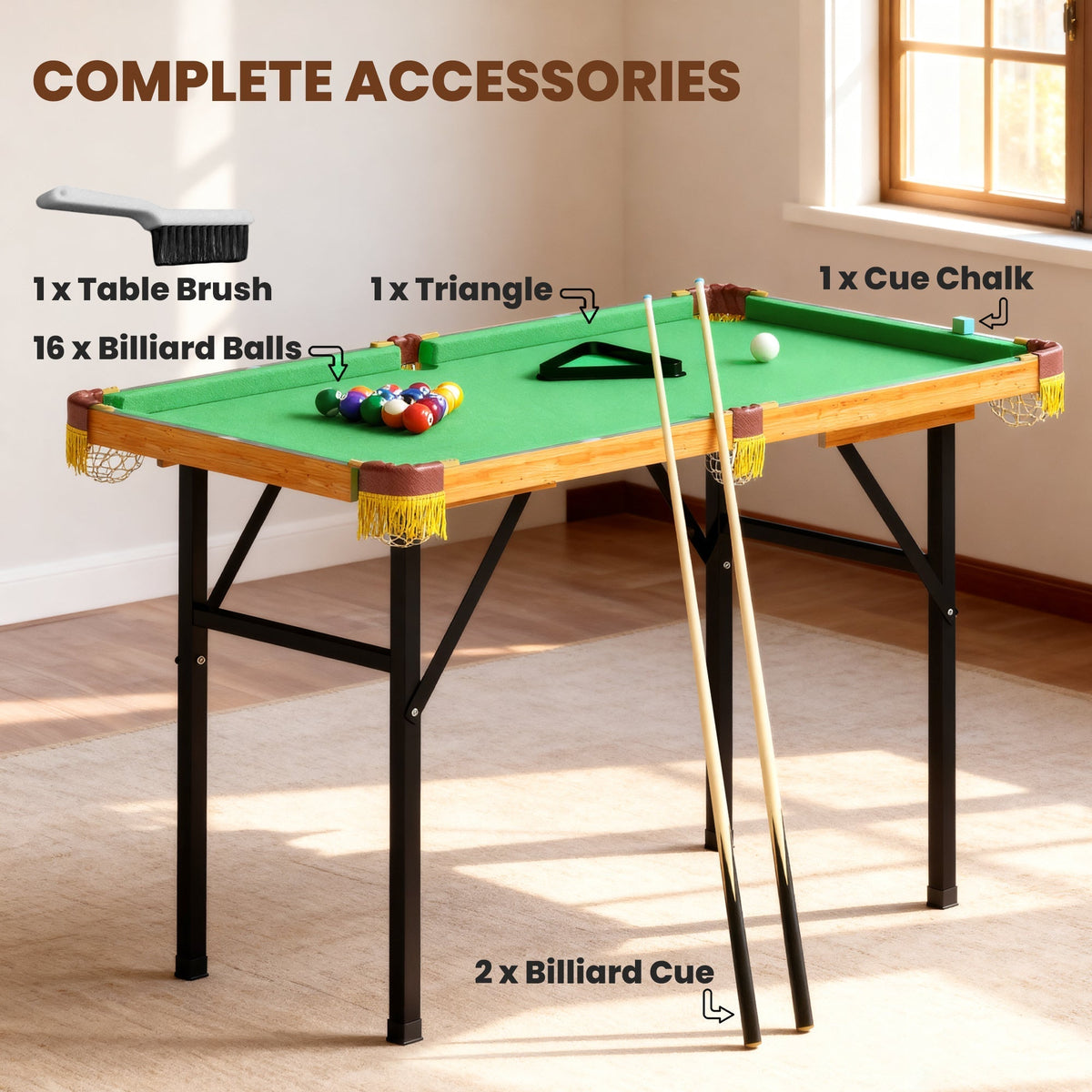 All the accessories included with the folding pool table, including cues and balls
