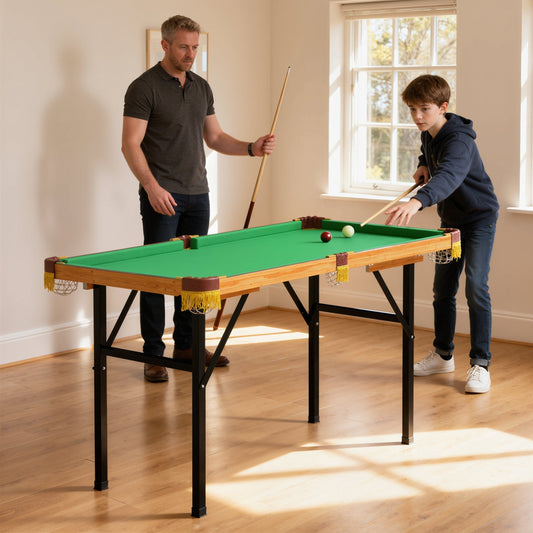 A man and a boy playing pool on the folding billiards table in a bright room