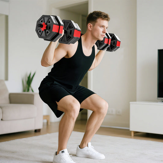 Man using the adjustable weight dumbbells set for a squat exercise in a home gym