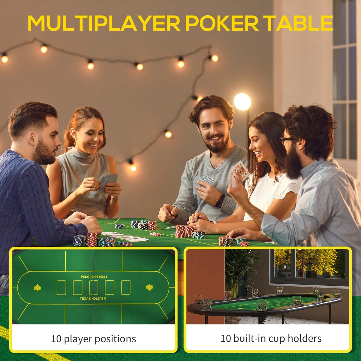 A group of people playing poker at the multiplayer poker table with built-in cup holders