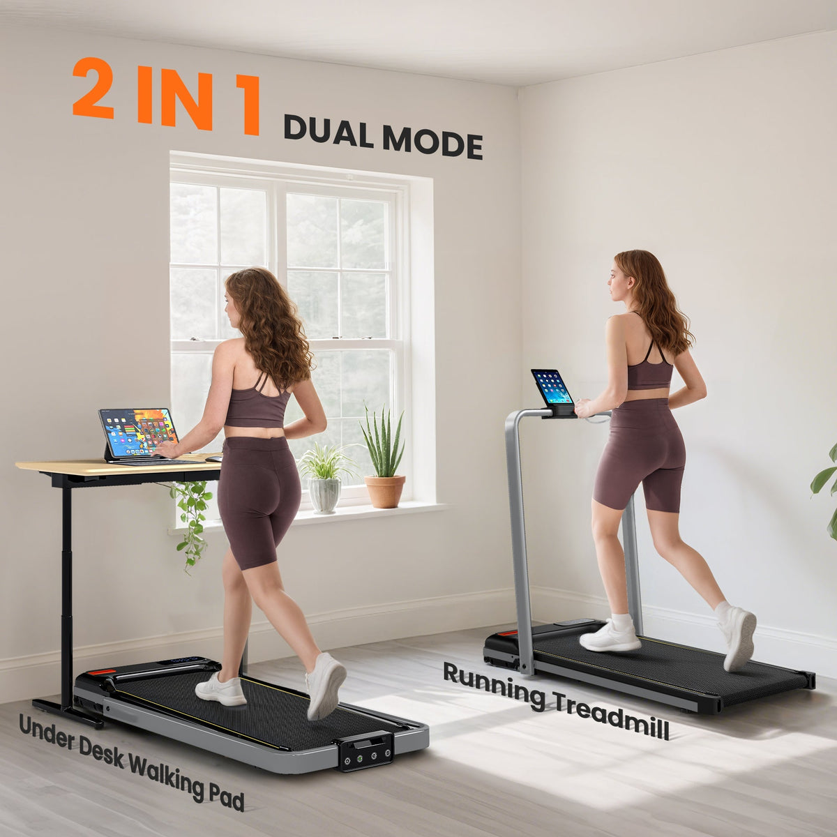 Two women use the treadmill in different modes: under desk and running