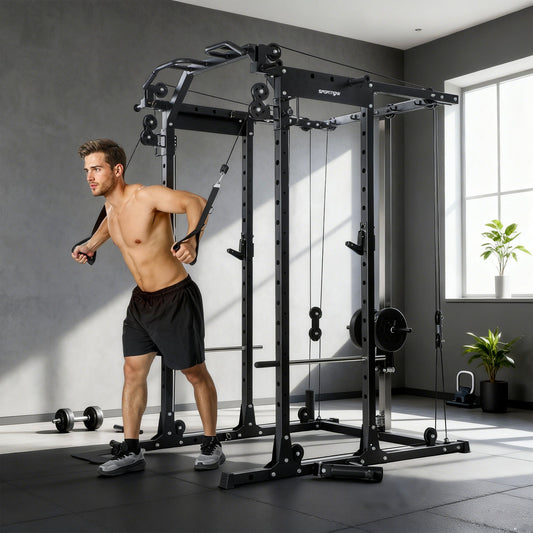 A man using the home gym system to perform cable chest fly exercises