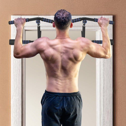A man using the doorway pull up bar for upper body workout