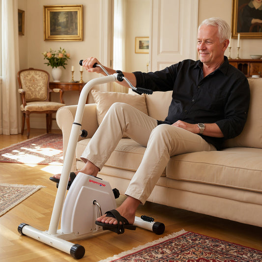 Man using the seated pedal exerciser while sitting on a sofa in a living room
