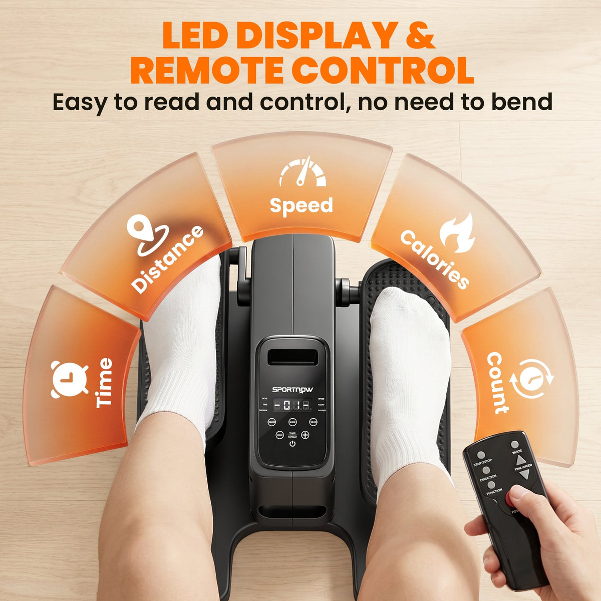 Close up of the mini stepper's LED display and remote control for time, distance, speed, calories and count