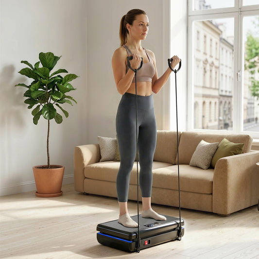 A woman uses the vibration plate exercise machine with resistance bands in a bright living room