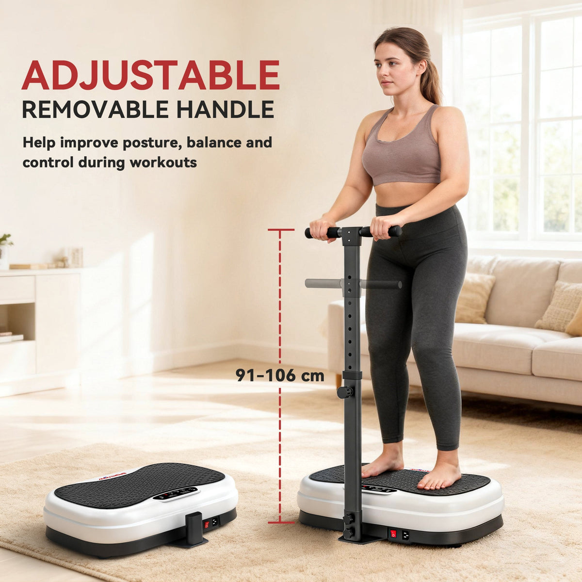 Woman demonstrating the adjustable handle on the vibration plate