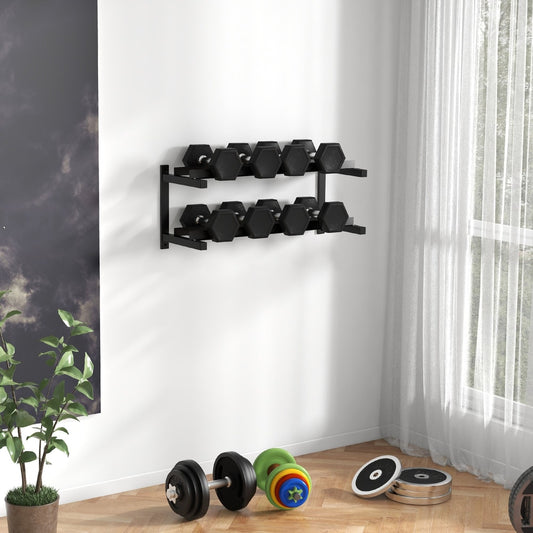 The wall-mounted dumbbell rack holding pairs of dumbbells and a kettlebell in a home gym setting