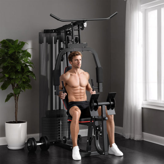 The home gym system being used by a man for a chest press exercise in a bright room