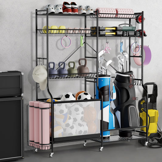 The metal ball storage rack filled with sports equipment including shoes, weights, balls and golf bags