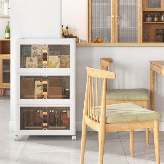 The storage cabinet placed in a bright kitchen next to a wooden dining chair