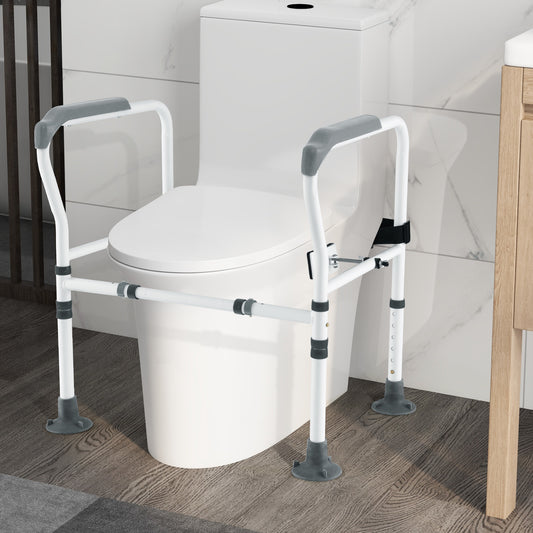 The bath safety frame positioned around a white toilet in a tiled bathroom