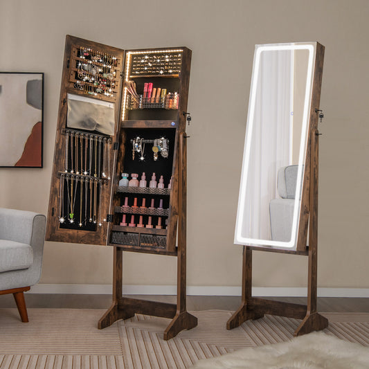 The jewelry armoire displayed in two states, one open and one closed, in a living room setting