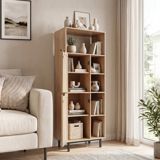 The cabinet styled in a living room with a sofa and decorative items on the shelves