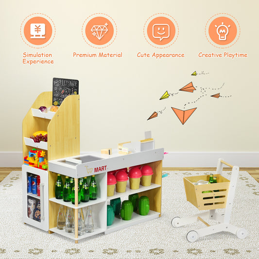 The pretend toys featuring shelves stocked with play food and a small trolley