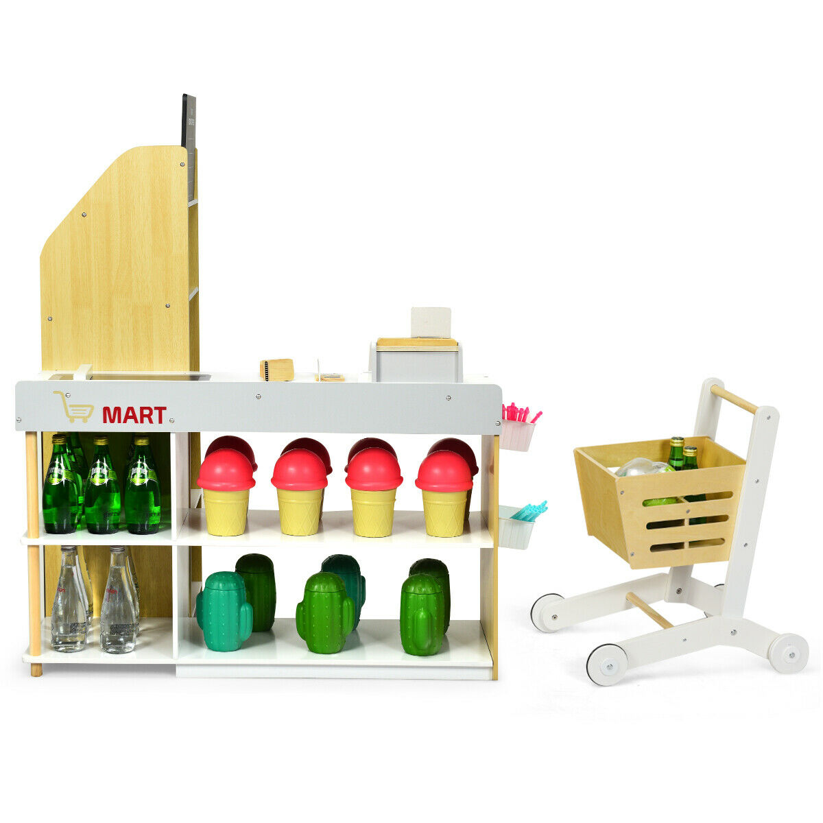 The pretend toys showing the front of the counter and the shopping trolley