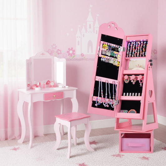 Swivel Kids Jewelry Cabinet with Full-Length Mirror and Lights in Pink
