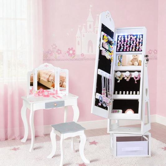 The kids vanity set placed in a bedroom with the cabinet door open to show storage