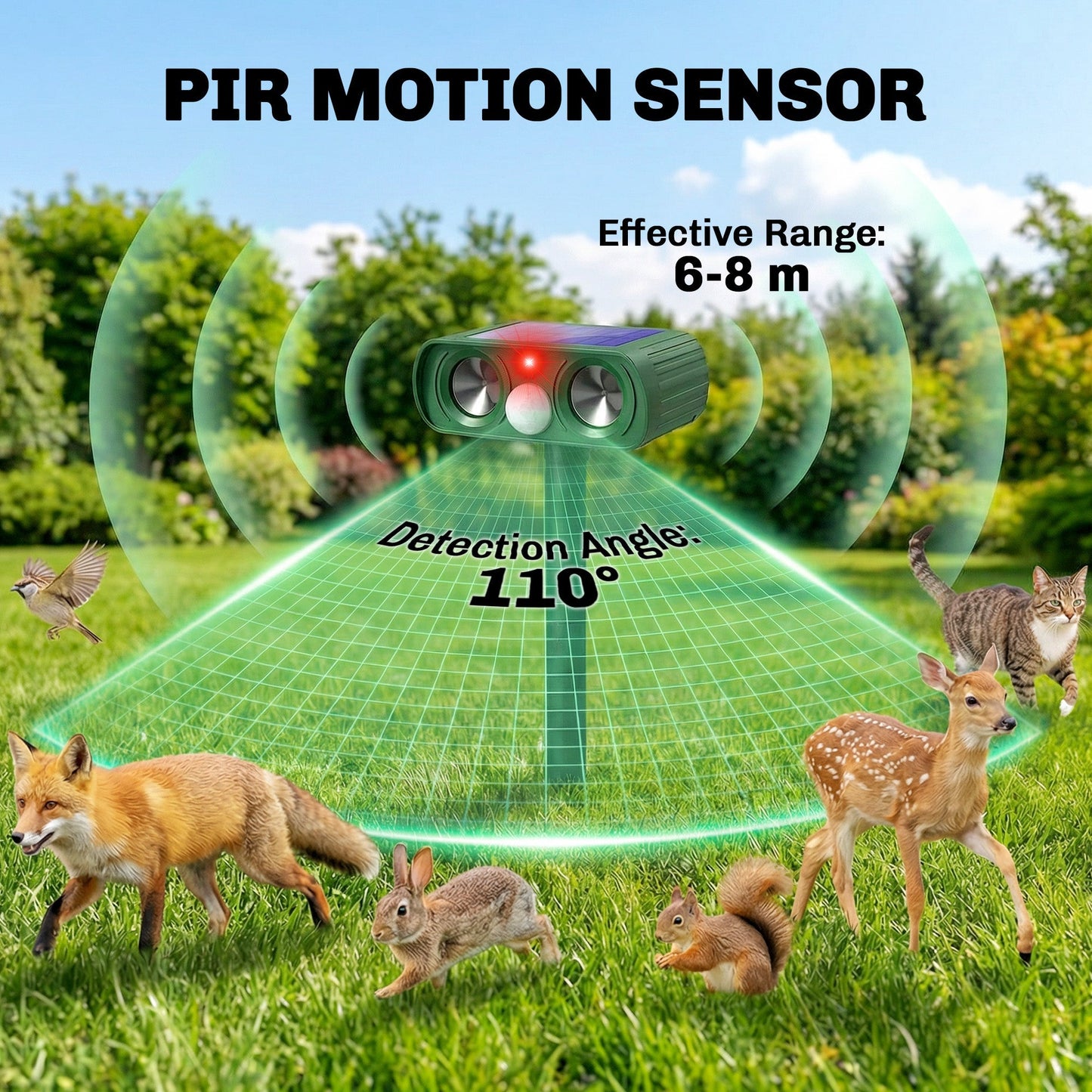 Outsunny Ultrasonic Cat Repellent, PIR Motion Sensor 110°, LED Flash, Solar Cat Deterrents for Gardens UK
