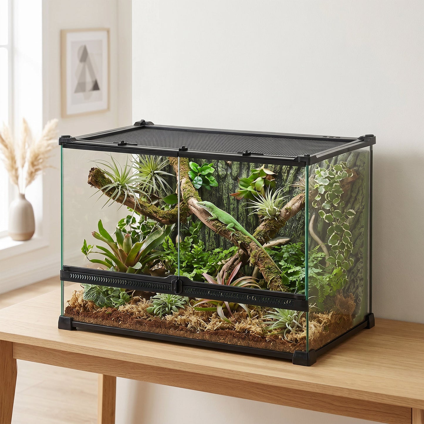 PawHut Reptile Glass Terrarium with Stone Background, Front Ventilation, Escape-Proof Knob Lock, 50 x 30 x 35 cm, Black