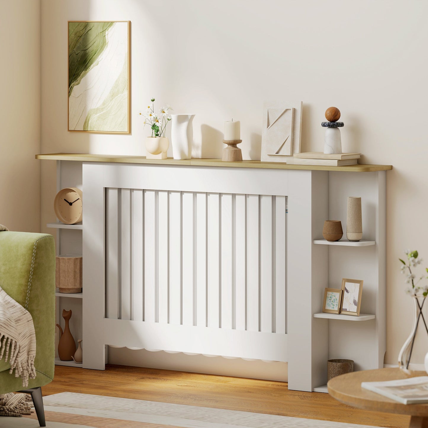 HOMCOM Radiator Cover with Open Storage Shelves, Vertical Slatted Cabinet Shelf Heater Cover for Living Room, Hallway, Large, White