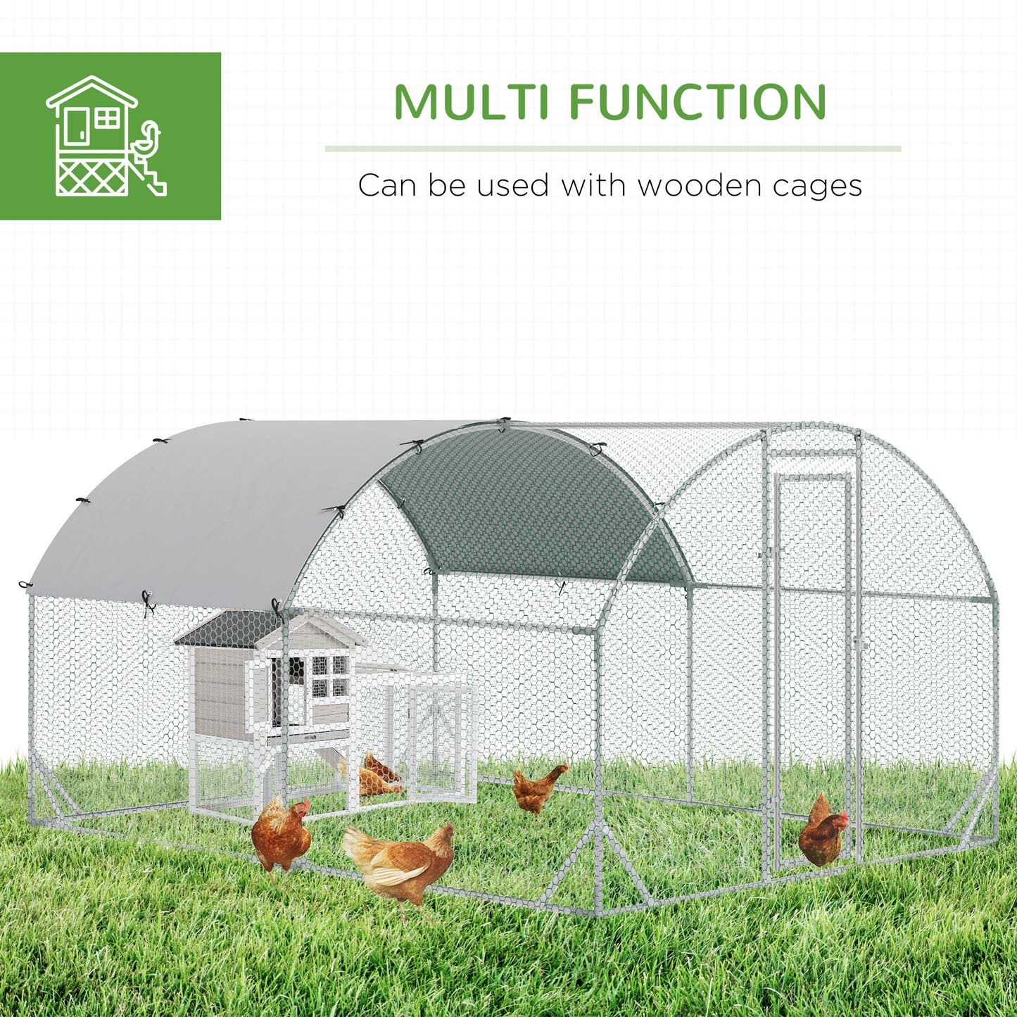 حظيرة دجاج مجلفنة من PawHut Walk In Chicken Run، قفص دواجن، حظيرة لعب للحيوانات الأليفة، حديقة مع غطاء مقاوم للماء، 2.8 × 3.8 × 2 متر