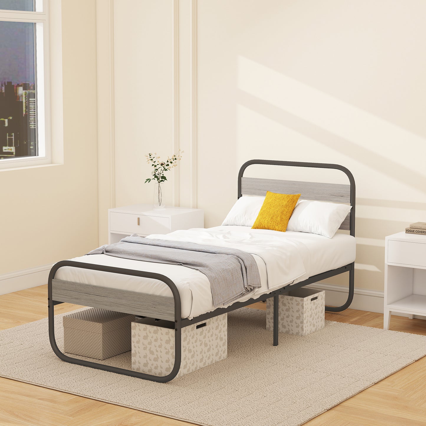 HOMCOM 3ft Single Bed Frame, Industrial Style Metal Platform Bed Frame with Under Bed Storage, No Box Spring Needed, Easy Assembly, Grey