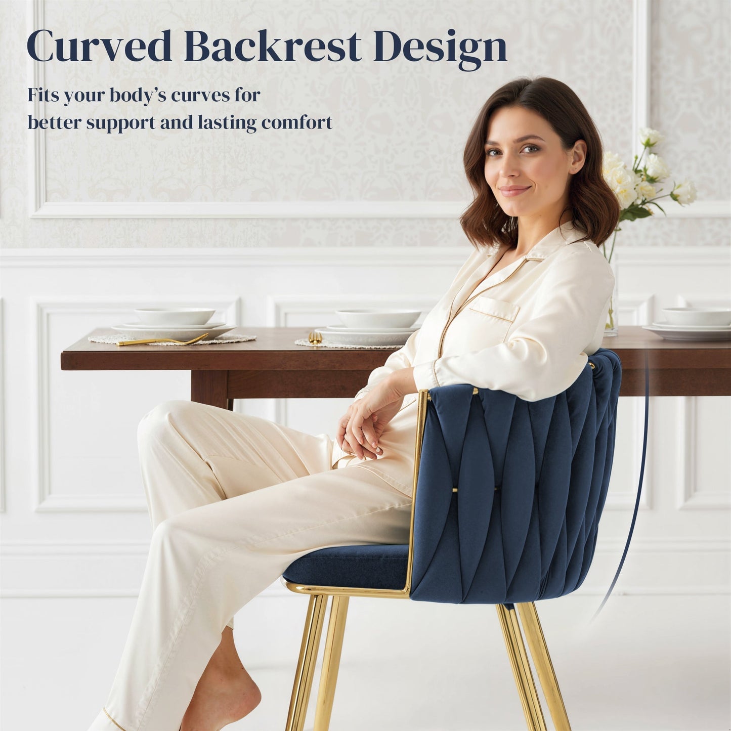 HOMCOM Velvet-Feel Dining Chairs Set of 2, Modern Upholstered Armchair with Knot Design and Golden Metal Legs, Accent Chair for Dining Room, Bedroom, Kitchen, Living Room, Dark Blue
