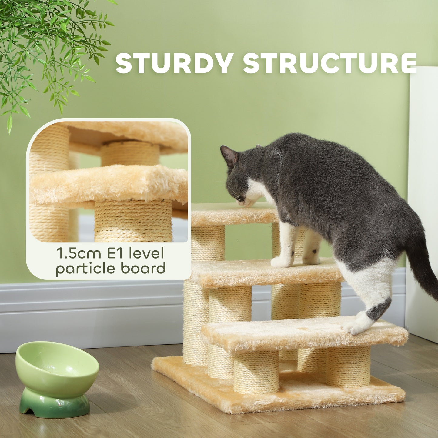 PawHut Pet Stairs 3-step Pet Ladder Cat dog Stairs Climb Ladder Cat Tree, Beige
