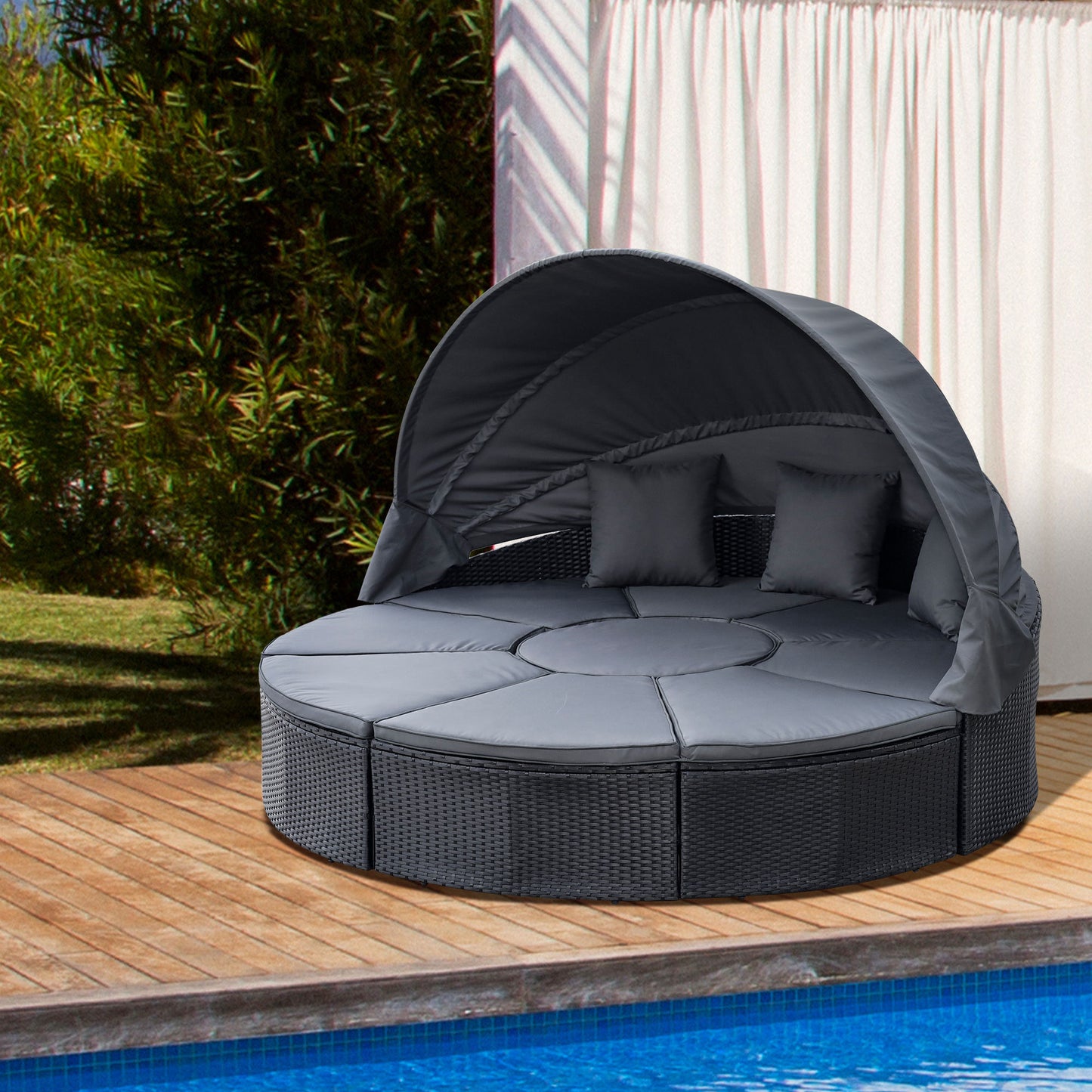 Outsunny 4 Pieces PE Rattan Garden Daybed Set, Outdoor Wicker Cushioned Round Sofa Bed Conversation Furniture with Coffee Table & Canopy, Black