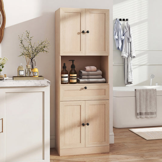 The floor cabinet placed in a bright bathroom setting with toiletries and towels on display